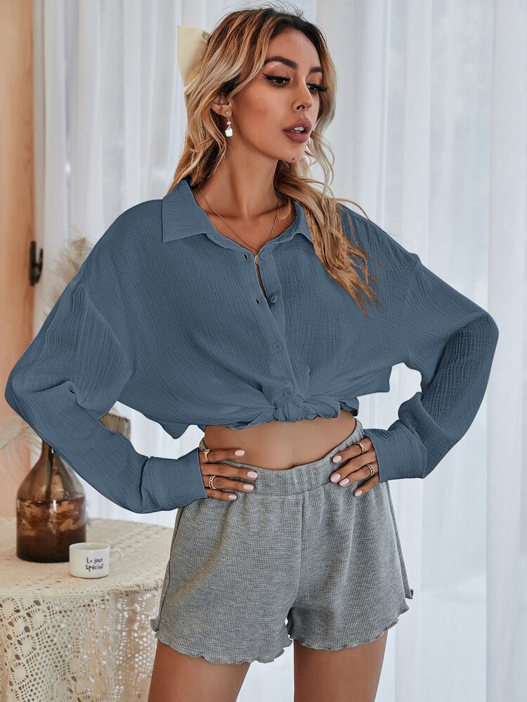 SHEIN Frenchy Button Up Drop Shoulder Blouse - Dusty Blue - View 3