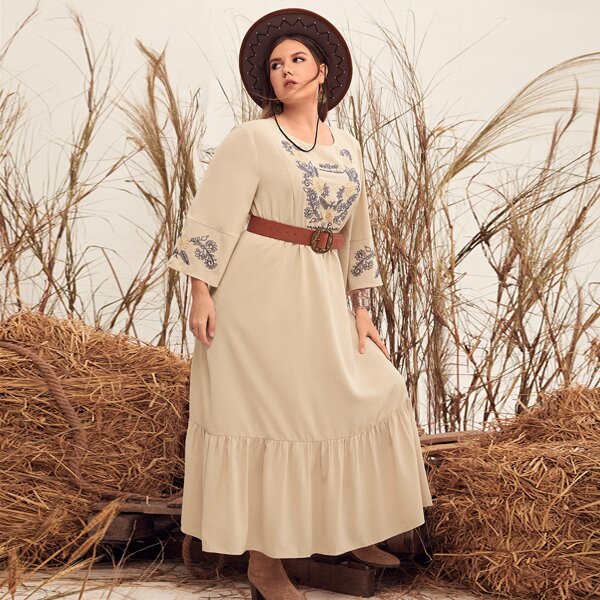 

Plus Floral Embroidery Ruffle Hem Dress Without Belt, Apricot