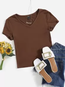 SHEIN EZwear V Neck Rib Knit Solid Tee - Brown - View 1