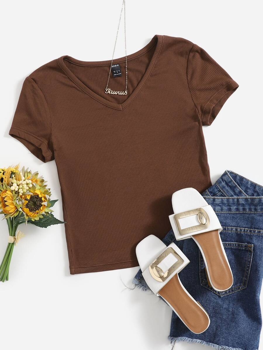 SHEIN EZwear V Neck Rib Knit Solid Tee - Brown - View 1