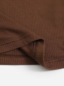 SHEIN EZwear V Neck Rib Knit Solid Tee - Brown - View 5