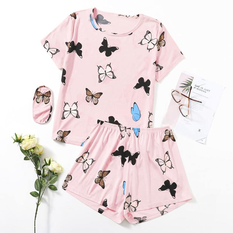 

Plus Butterfly Print Pajama Set With Eyecover, Baby pink