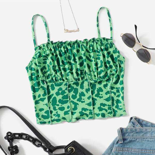 

Allover Print Ruched Bust Frill Trim Cami Top, Multicolor