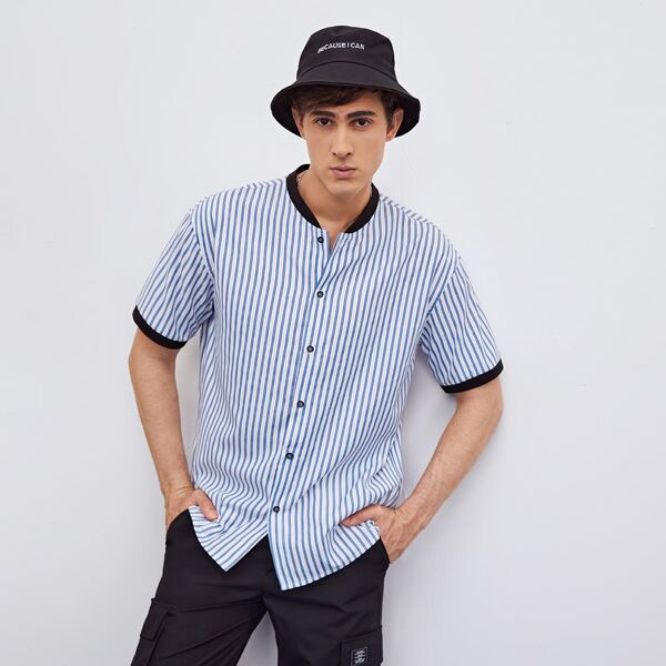 

Men Striped Print Contrast Binding Button Front Shirt, Blue and white