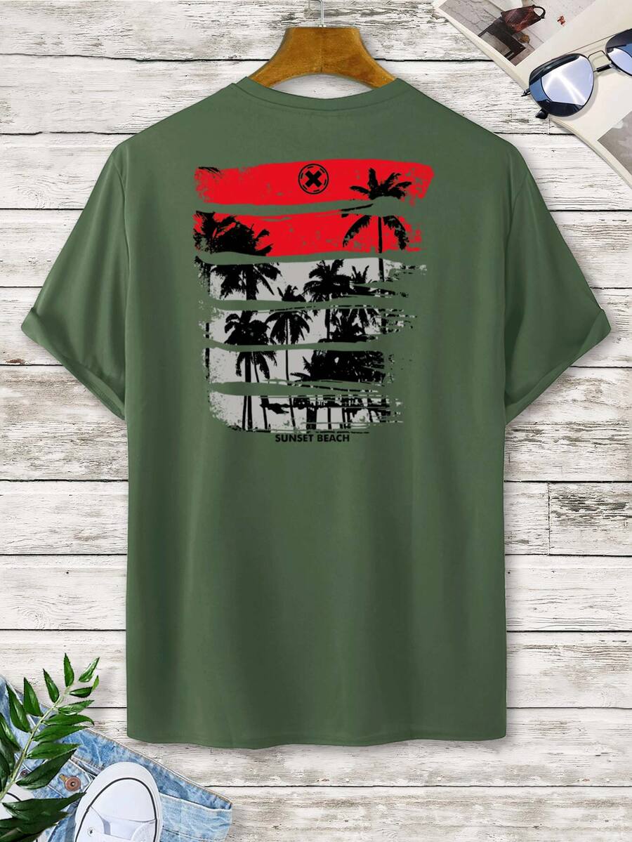 Manfinity RSRT Men Letter And Tropical Graphic Tee - Army Green - View 1
