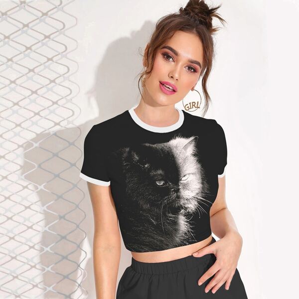 

Cat Print Contrast Binding Crop Tee, Black