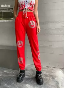 MEYSI KIM Rhinestone Expression And Letter Graphic Trousers - Red - View 1