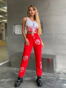 MEYSI KIM Rhinestone Expression And Letter Graphic Trousers - Red - View 4