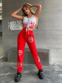 MEYSI KIM Rhinestone Expression And Letter Graphic Trousers - Red - View 5