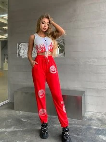 MEYSI KIM Rhinestone Expression And Letter Graphic Trousers - Red - View 6
