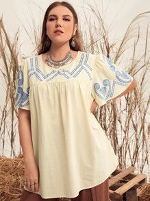 Blusa con estampado con bordado smock - Albaricoque - Ver 1