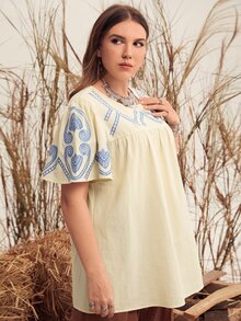 Blusa con estampado con bordado smock - Albaricoque - Ver 5