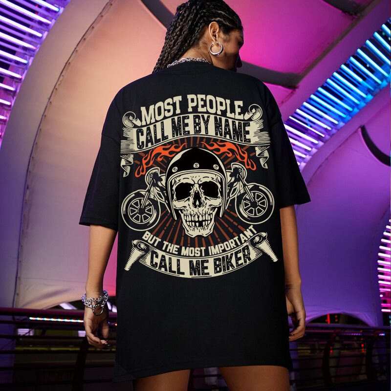 

Slogan & Motorcycle & Skull Print Drop Shoulder Oversized Tee, Black