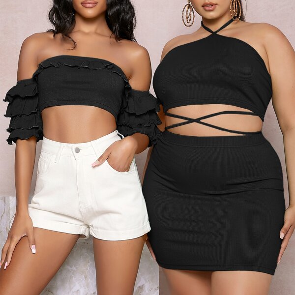 

Plus Tie Back 1 Halter Top & 1 Skirt Set, Black