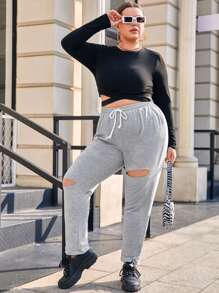 Torba büzme ipi Sade Plus Size Sweatpants - Gri - Görünüm 3