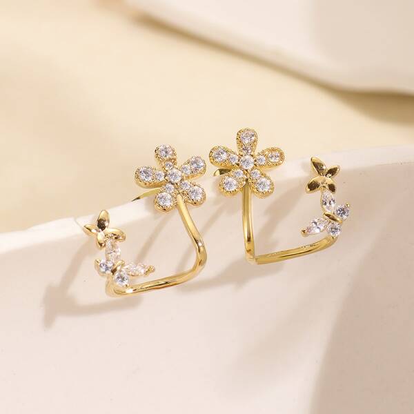 

18K Gold Plated Zircon Butterfly & Flower Decor Earrings
