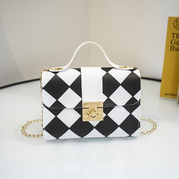 

Two Tone Twist Lock Chain Satchel Bag, Black and white