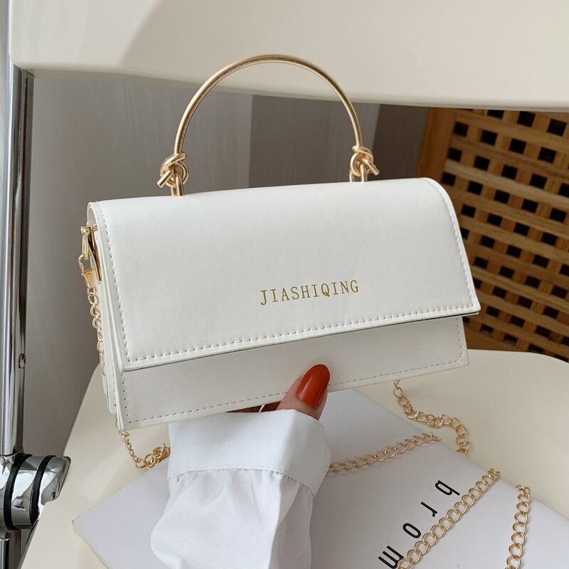 

Metal Handle Flap Satchel Bag, White