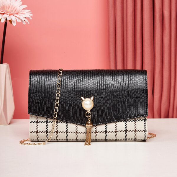 

Tassel Decor Plaid Crossbody Bag, Black