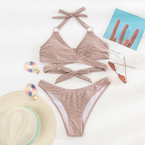 

Solid Ring Linked Wrap Bikini Swimsuit, Dusty pink