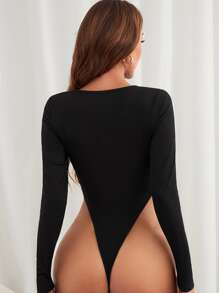 SHEIN Essnce Quarter Zip Cut-out Bodysuit - Black - View 2