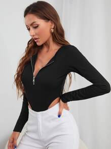 SHEIN Essnce Quarter Zip Cut-out Bodysuit - Black - View 3