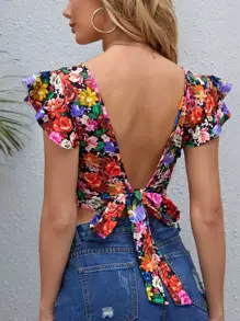 SHEIN VCAY 方領繫帶露背花卉上衣 - 彩色 - 查看 1