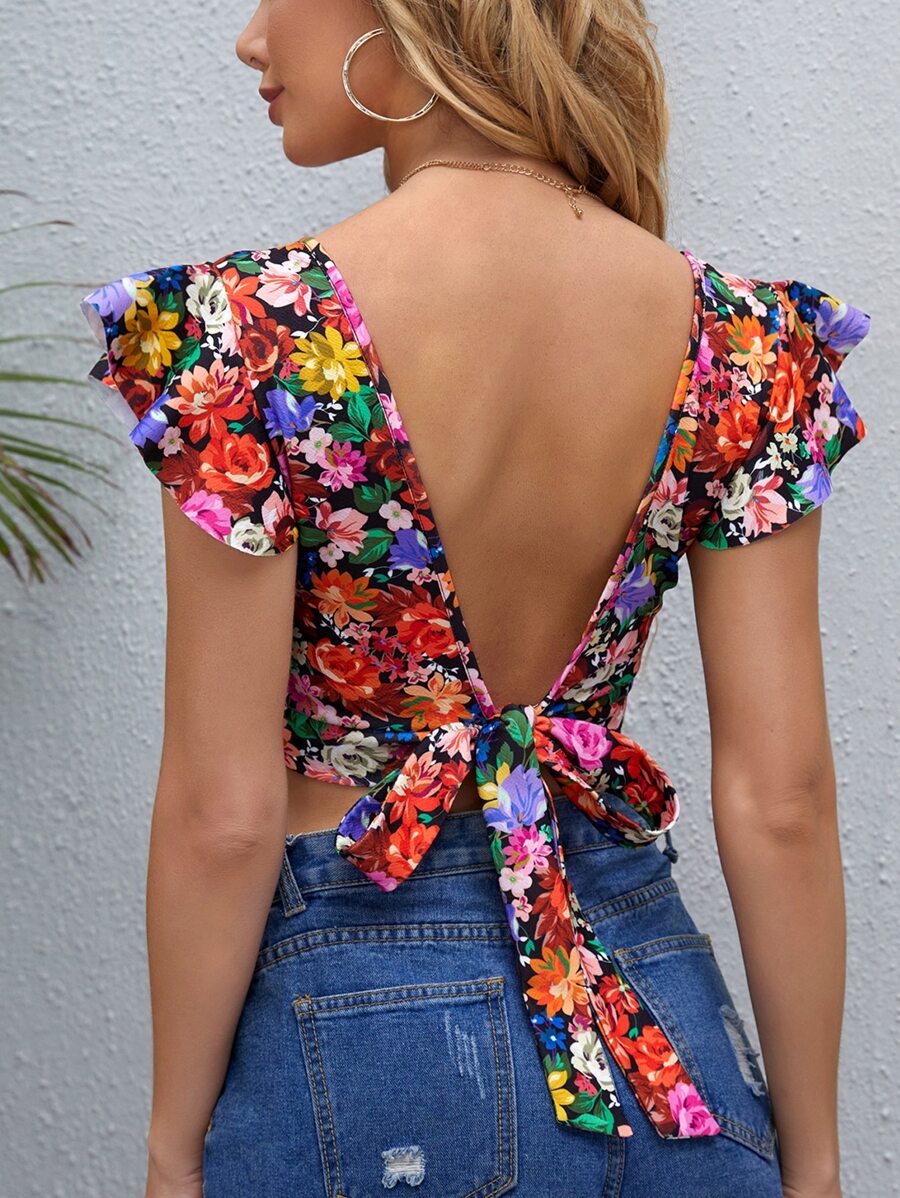 SHEIN VCAY 方領繫帶露背花卉上衣 - 彩色 - 查看 1