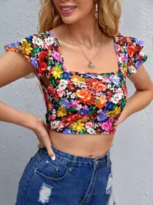 SHEIN VCAY 方領繫帶露背花卉上衣 - 彩色 - 查看 3