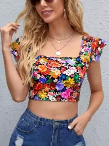 SHEIN VCAY 方領繫帶露背花卉上衣 - 彩色 - 查看 5