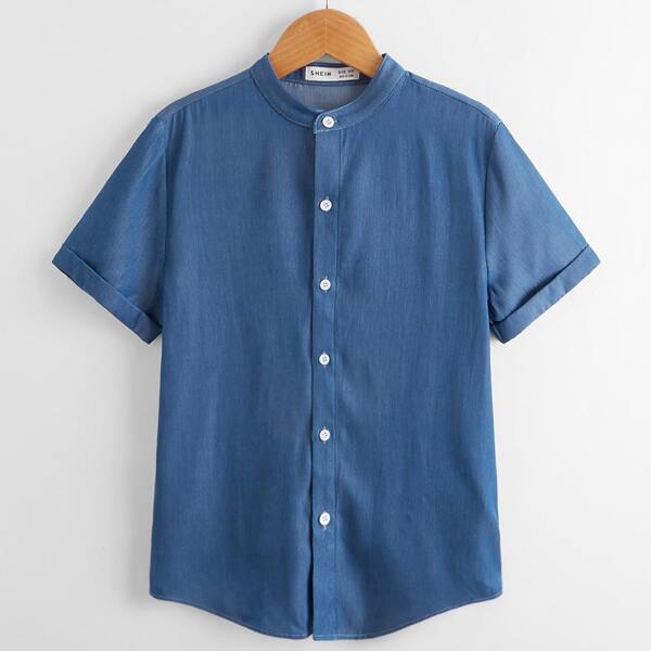 

Boys Cuffed Sleeve Solid Shirt, Blue