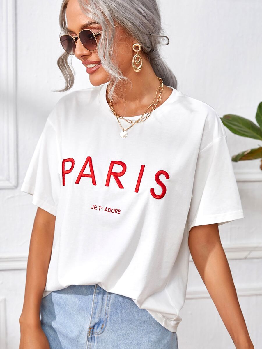 SHEIN Frenchy 字母刺繡落肩T恤 - 白色 - 查看 1