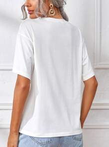 SHEIN Frenchy 字母刺繡落肩T恤 - 白色 - 查看 2