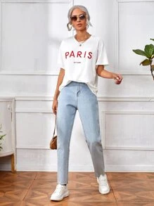 SHEIN Frenchy 字母刺繡落肩T恤 - 白色 - 查看 5