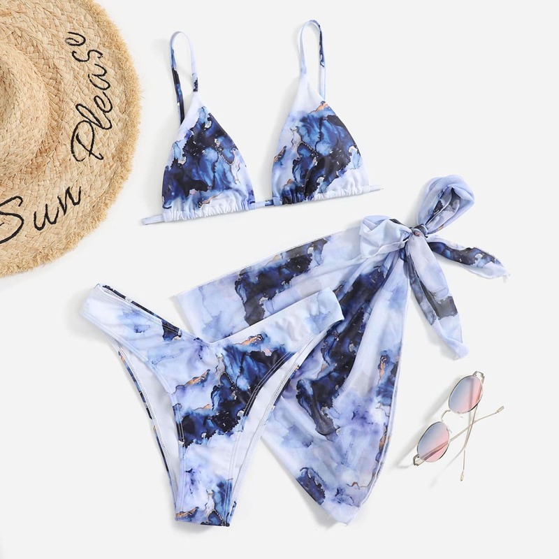 

3pack Graphic Bikini Swimsuit With Beach Skirt, Multicolor