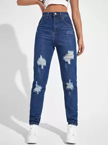 SHEIN EZwear Jeans mom con 5 bolsillo rotos de cintura alta - Azul lavado oscuro - Ver 1