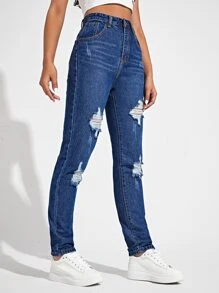 SHEIN EZwear Jeans mom con 5 bolsillo rotos de cintura alta - Azul lavado oscuro - Ver 3