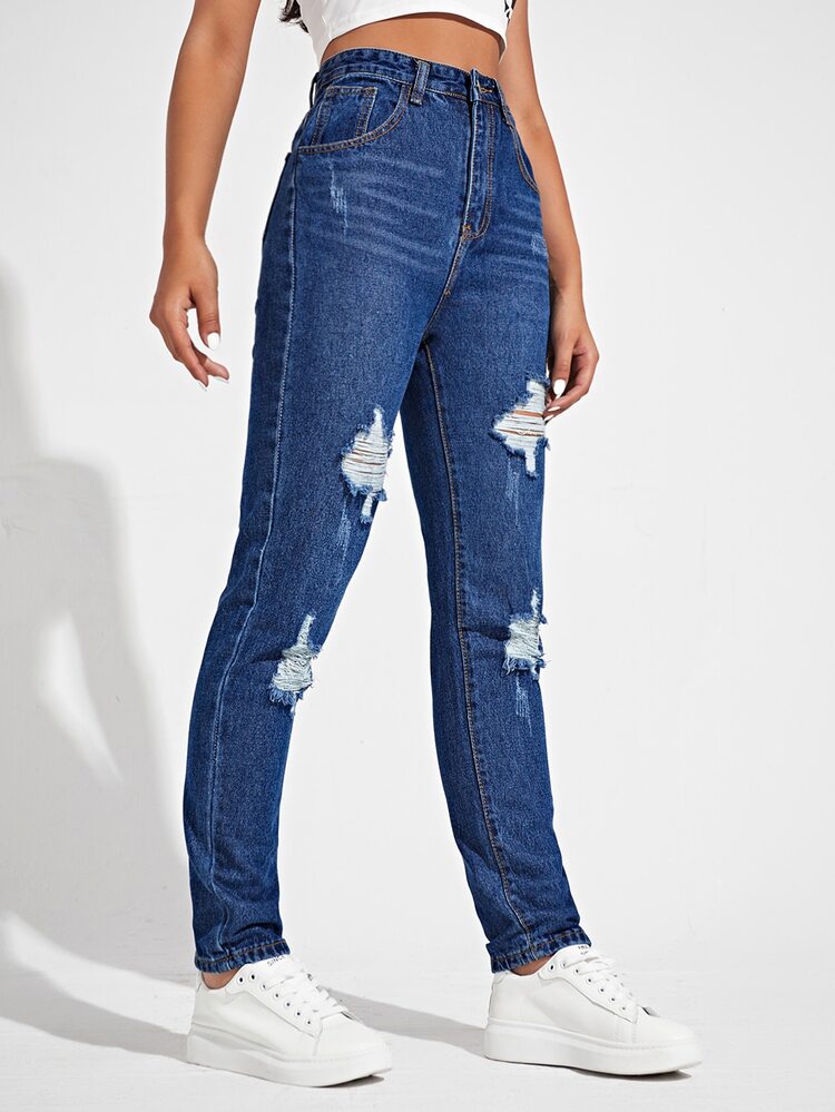 SHEIN EZwear High Waisted Ripped 5-pocket Mom Jeans - Dark Wash - View 3