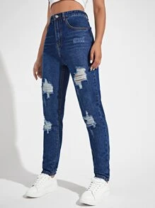 SHEIN EZwear Jeans mom con 5 bolsillo rotos de cintura alta - Azul lavado oscuro - Ver 4