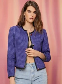 SHEIN Unity Plaid Button Through Binding Trim Jacket - Violet Purple - View 5