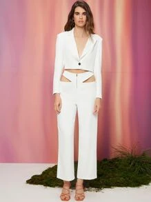 SHEIN Notched Collar Crop Blazer And Cutout Waist Trousers Set - White - View 1