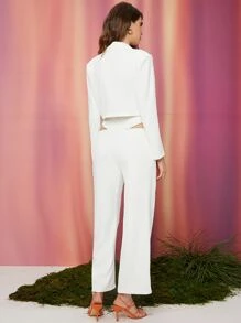 SHEIN Notched Collar Crop Blazer And Cutout Waist Trousers Set - White - View 2