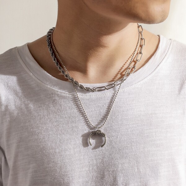 

2pcs Men Simple Necklace, Silver