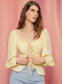 SHEIN VCAY 前收褶結飾燈籠袖上衣 - 黃色 - 查看 1