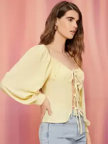 SHEIN VCAY 前收褶結飾燈籠袖上衣 - 黃色 - 查看 3