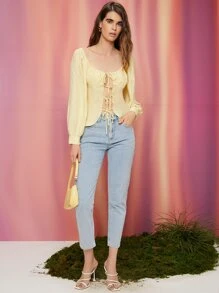 SHEIN VCAY 前收褶結飾燈籠袖上衣 - 黃色 - 查看 4