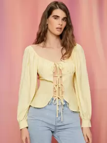 SHEIN VCAY 前收褶結飾燈籠袖上衣 - 黃色 - 查看 5