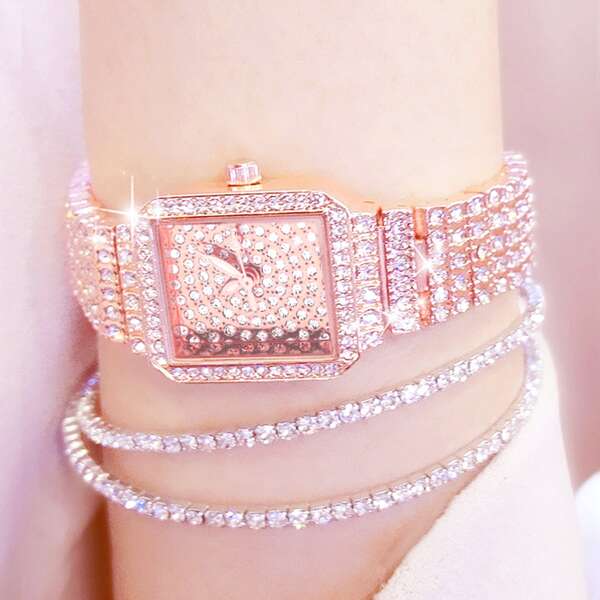 

1pc Rhinestone Decor Quartz Watch & 2pcs Bracelet