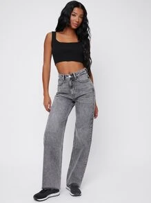 SHEIN 高腰直筒牛仔褲 - 深灰色 - 查看 4