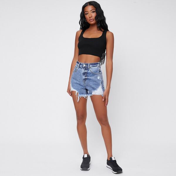 

Ripped Raw Hem Denim Shorts, Medium wash